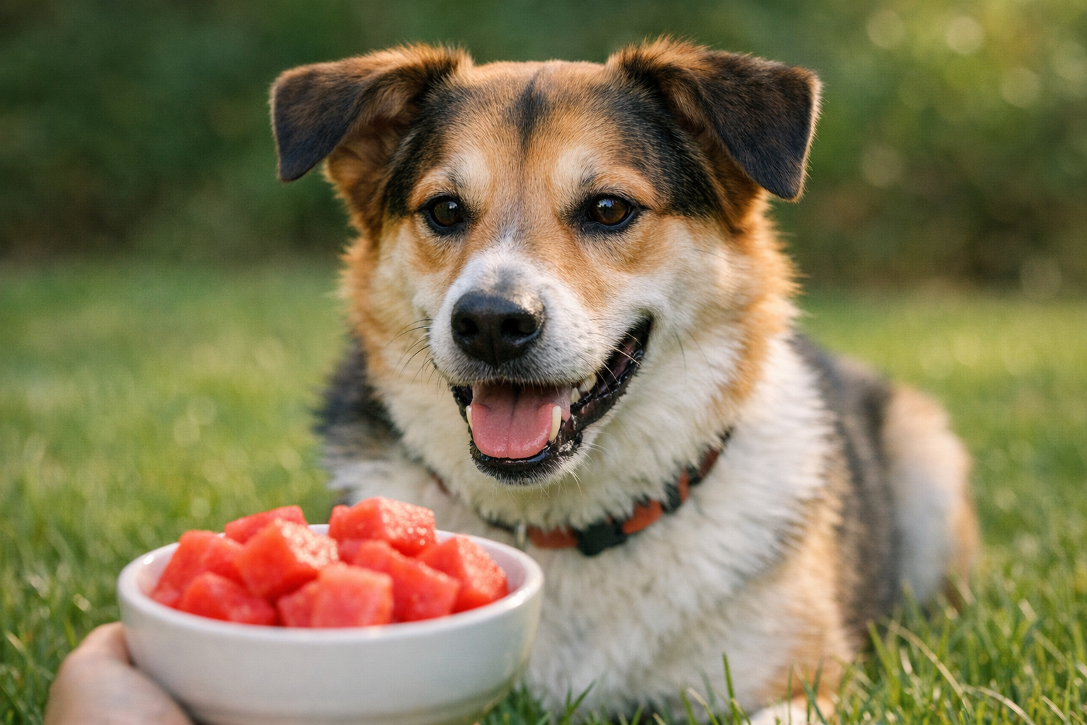 Golden retriever lying on grass with small seedless watermelon cubes in a dog bowl on a sunny summer day