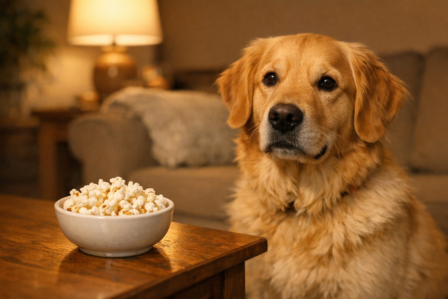 Golden retriever sitting beside a small bowl of plain air-popped popcorn on a coffee table during movie night