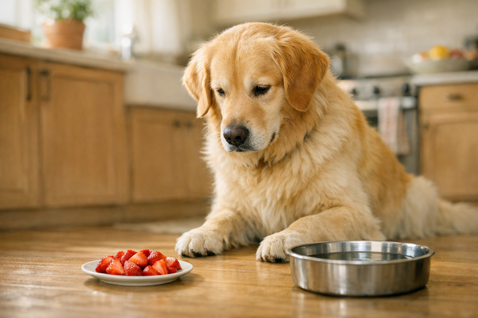 Curious golden retriever sniffing sliced fresh strawberries on a kitchen floor beside a pet bowl