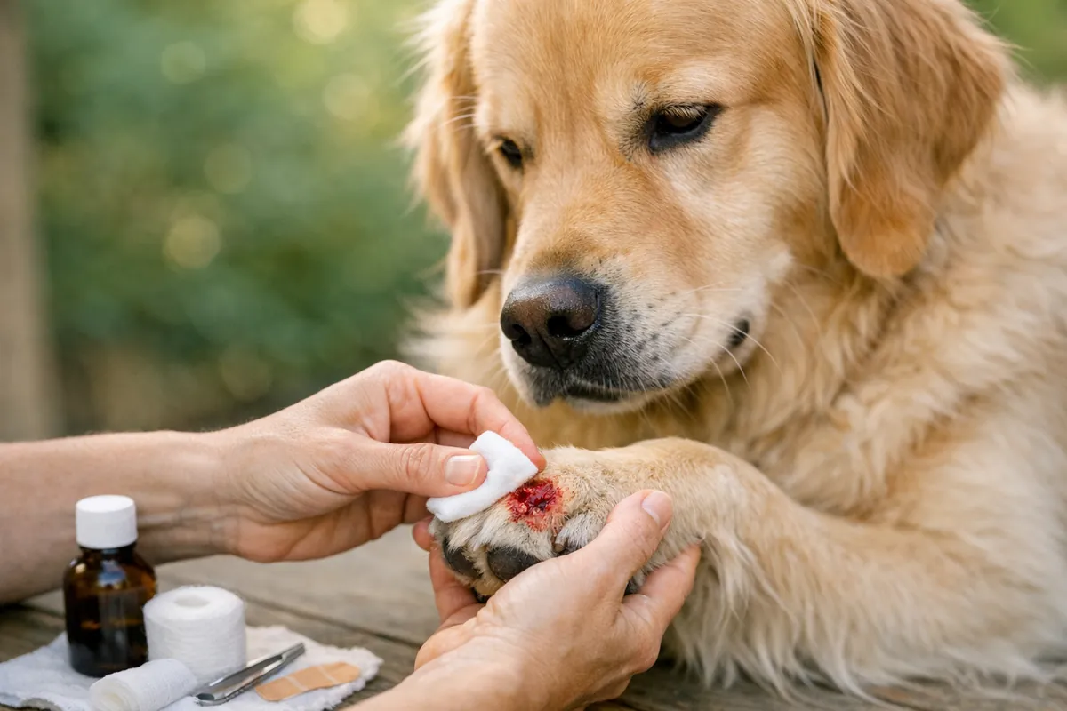 A golden retriever having a small paw wound carefully examined and treated at home