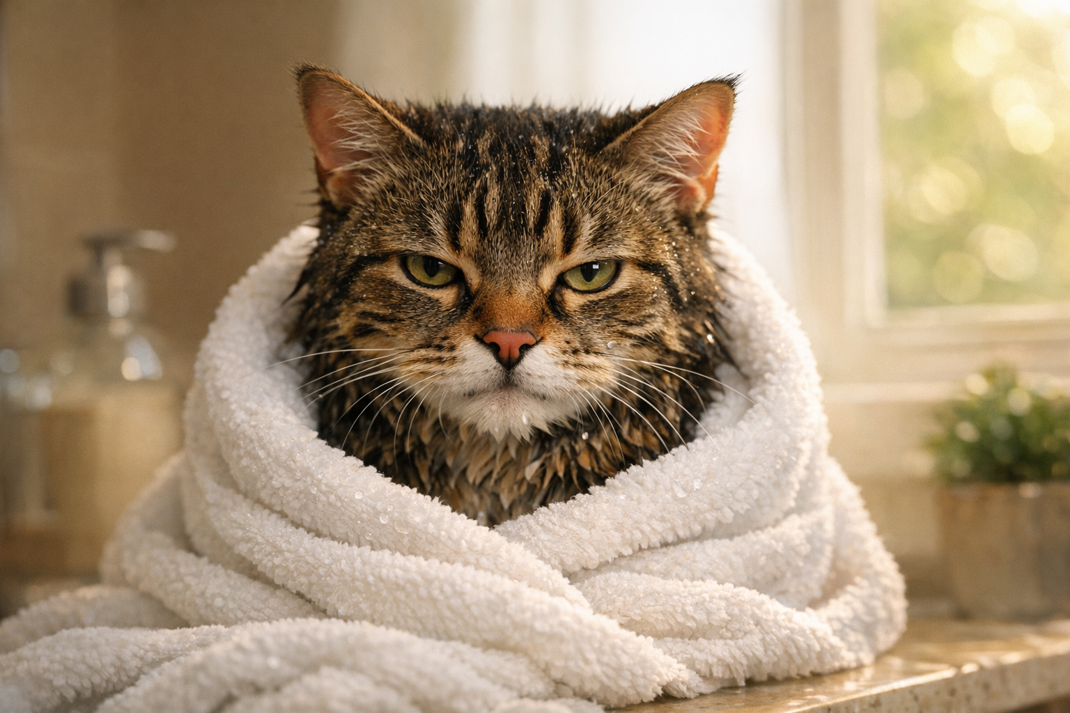 Wet tabby cat wrapped in a towel after a bath in a home bathroom