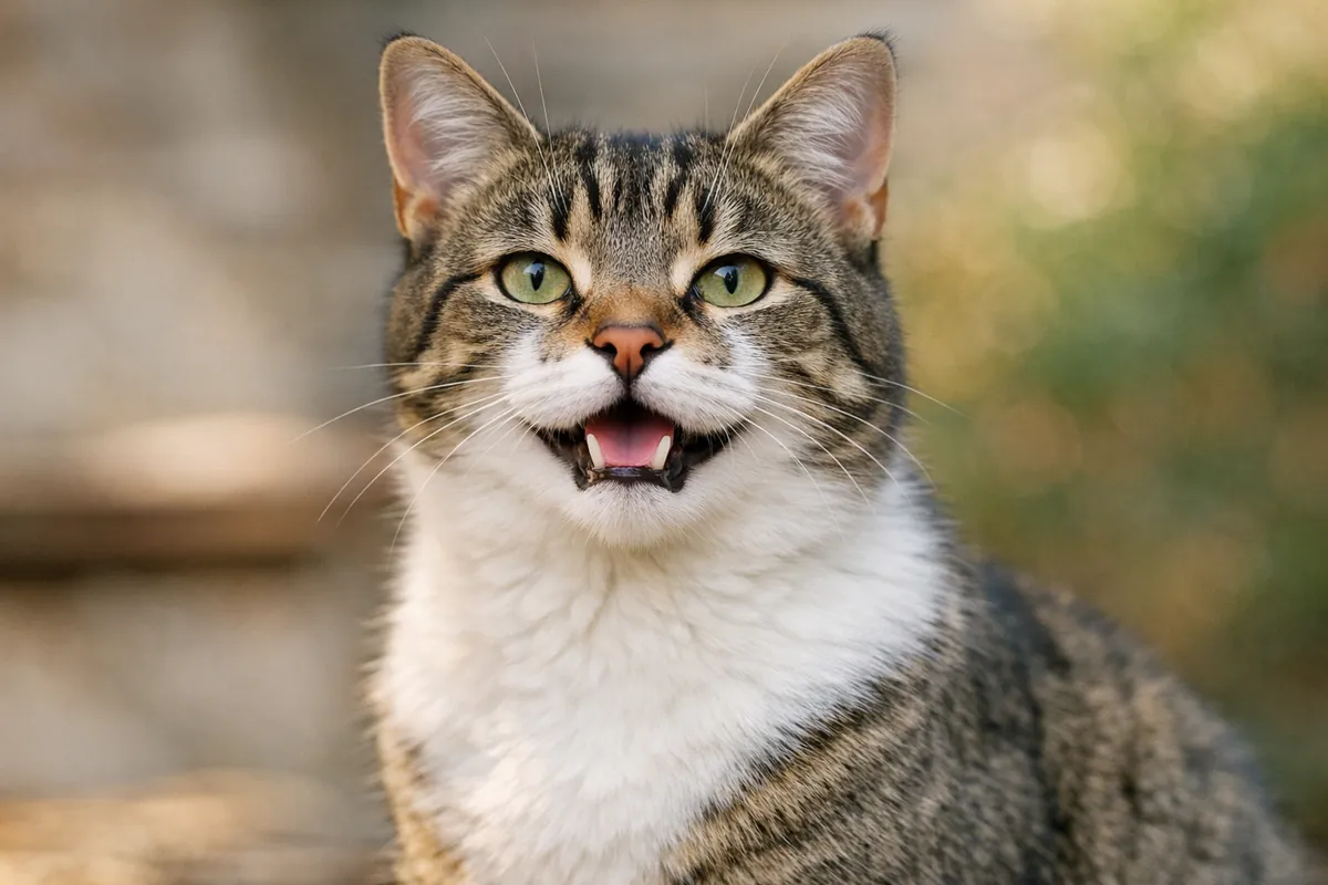 A cat sitting calmly with its mouth slightly open, showing the throat and chin area