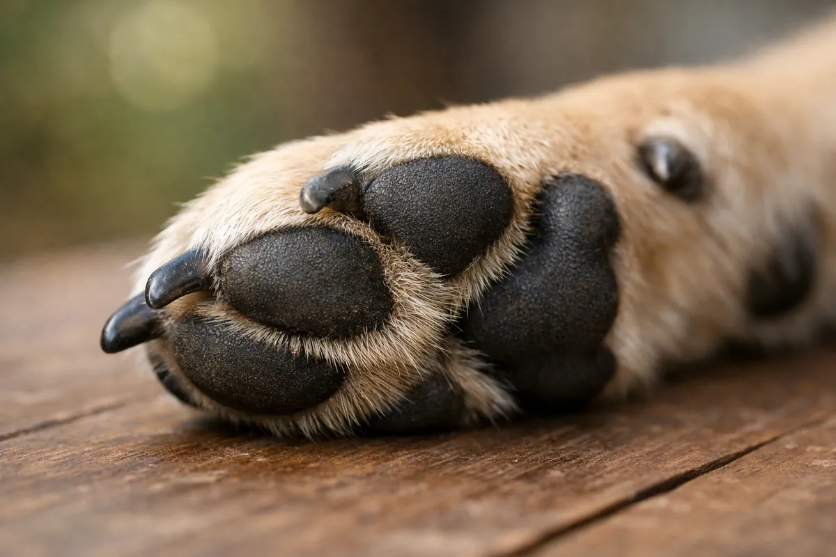 Close-up of a dog's paw resting on a wooden surface, showing the nails and paw pads in detail