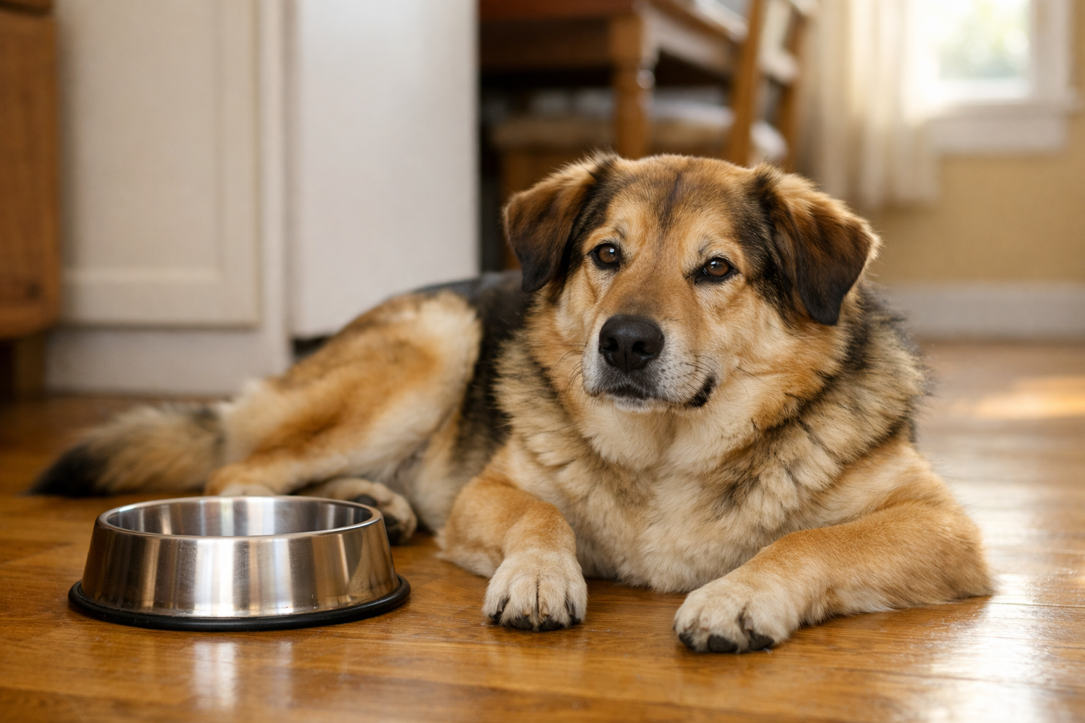 Golden retriever resting on a kitchen floor near an empty dog bowl after a meal