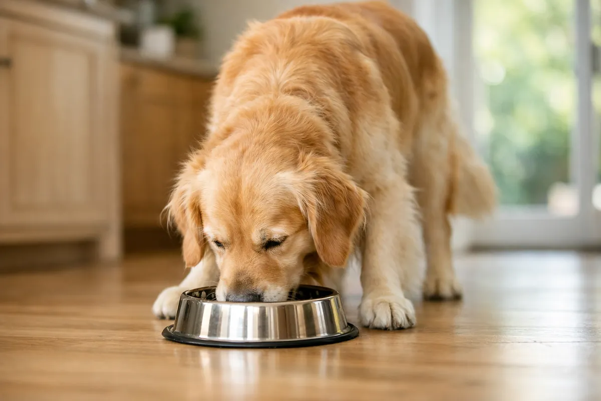 A golden retriever eating from a stainless steel bowl on the kitchen floor