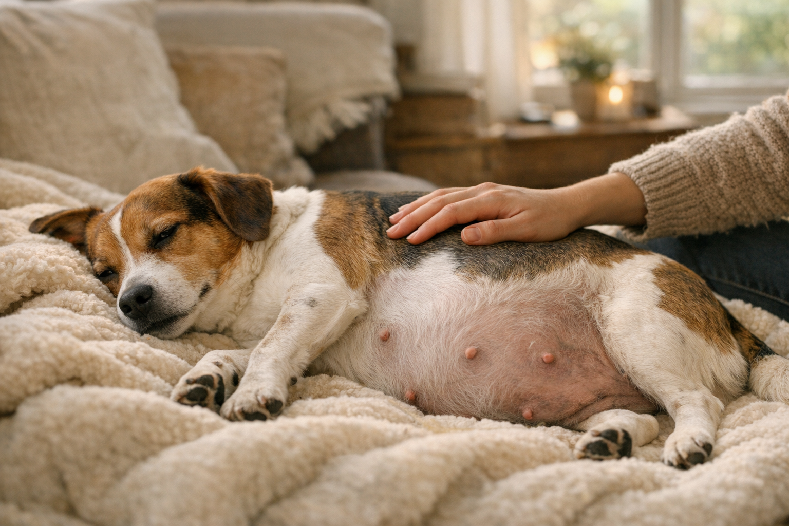 Pregnant dog lying comfortably on a blanket at home while her owner gently rests a hand near her belly
