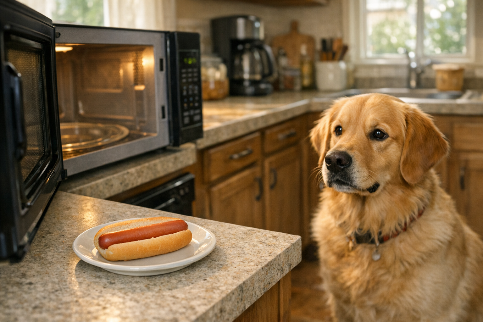 Golden retriever watching a plain hot dog on a plate beside a microwave in a home kitchen