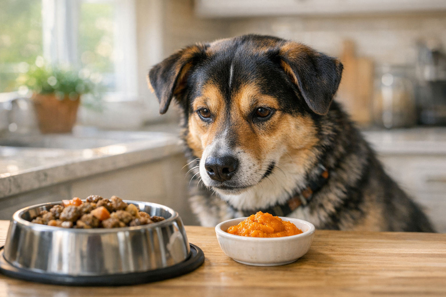Golden retriever eating a small spoonful of plain pumpkin puree from a bowl in a bright kitchen