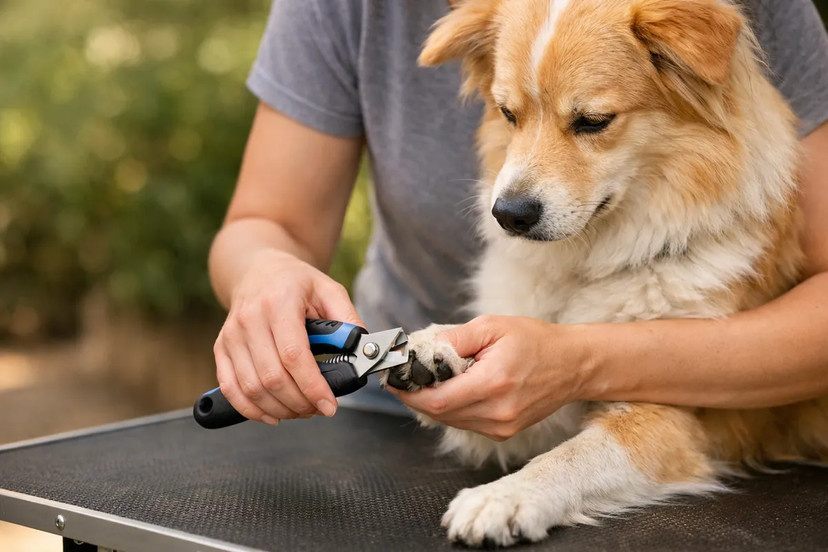 A person trimming a dog's nails with professional clippers on a grooming table