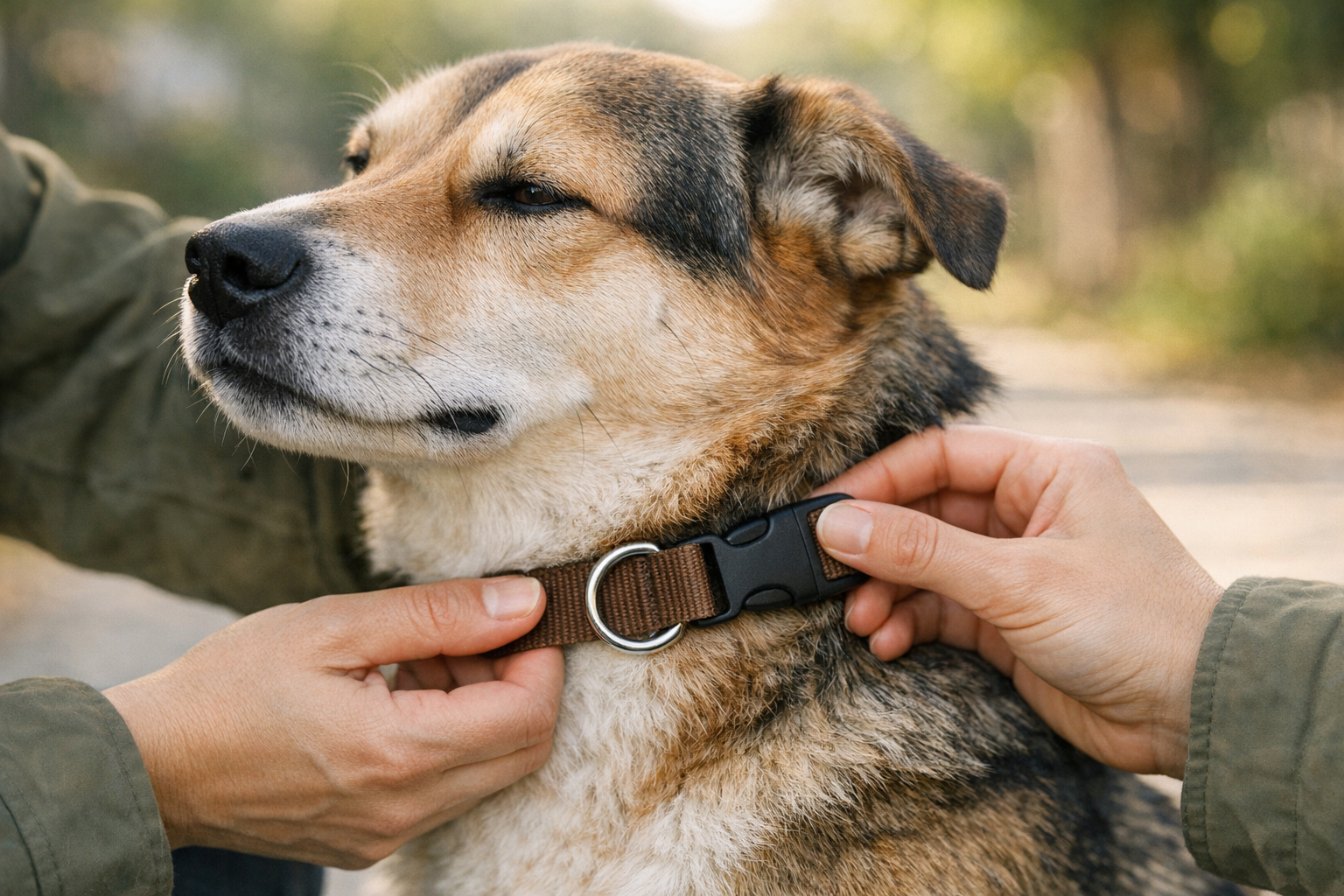 Person checking the fit of a flat collar on a calm medium-sized dog outdoors in soft daylight
