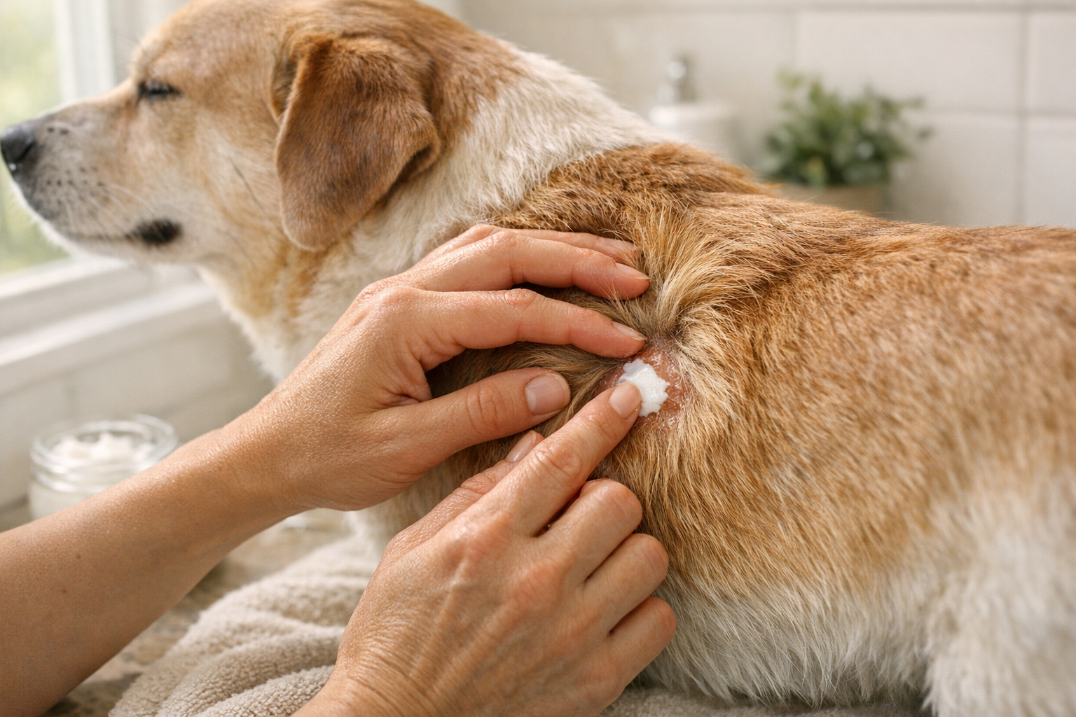 Owner gently rubbing a small amount of coconut oil onto a dry patch on a dog's skin in soft natural indoor light
