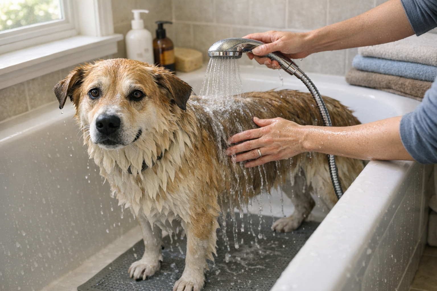 Golden retriever standing in a bathtub while an owner gently rinses shampoo from its coat