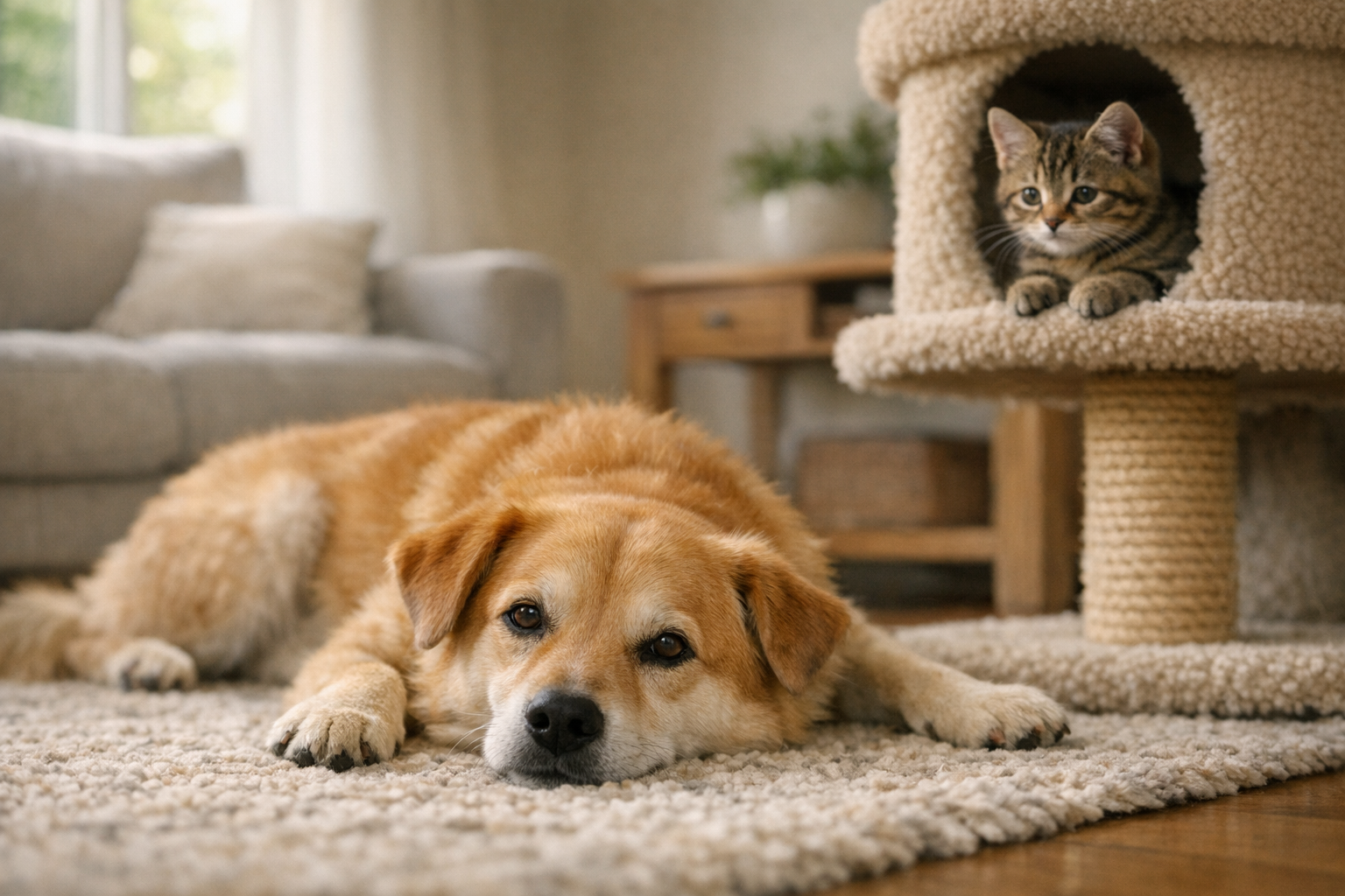 A calm dog lying on the floor while a curious kitten watches from a cat tree in a cozy living room