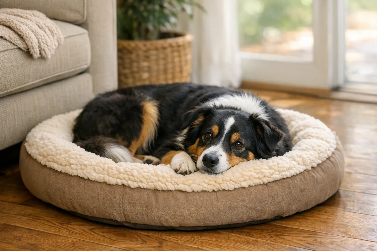 A dog lying on a cozy dog bed on the floor next to a sofa