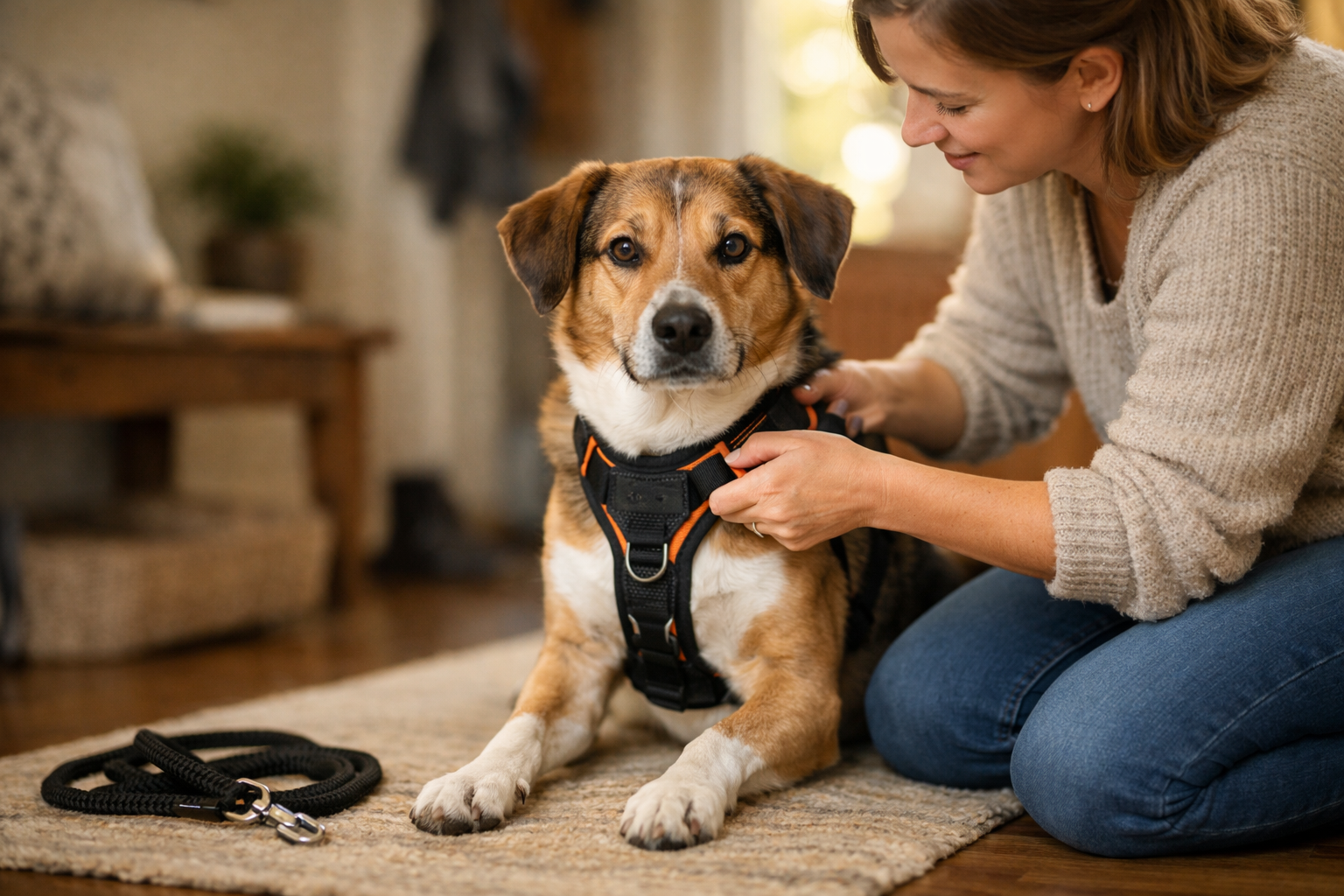 Person kneeling to clip a front-clip harness on a calm medium-sized dog in a bright living room
