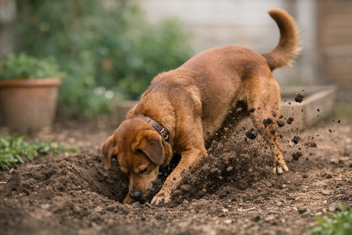 A brown dog digging a hole in a garden yard with dirt flying
