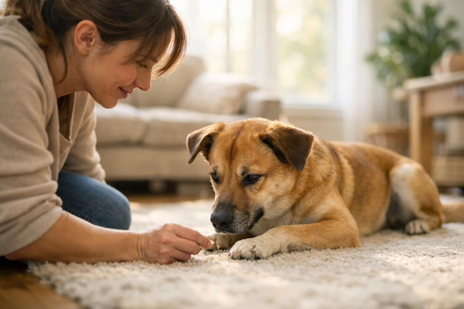 Owner kneeling on a rug teaching a dog to lie down with a treat in a bright living room