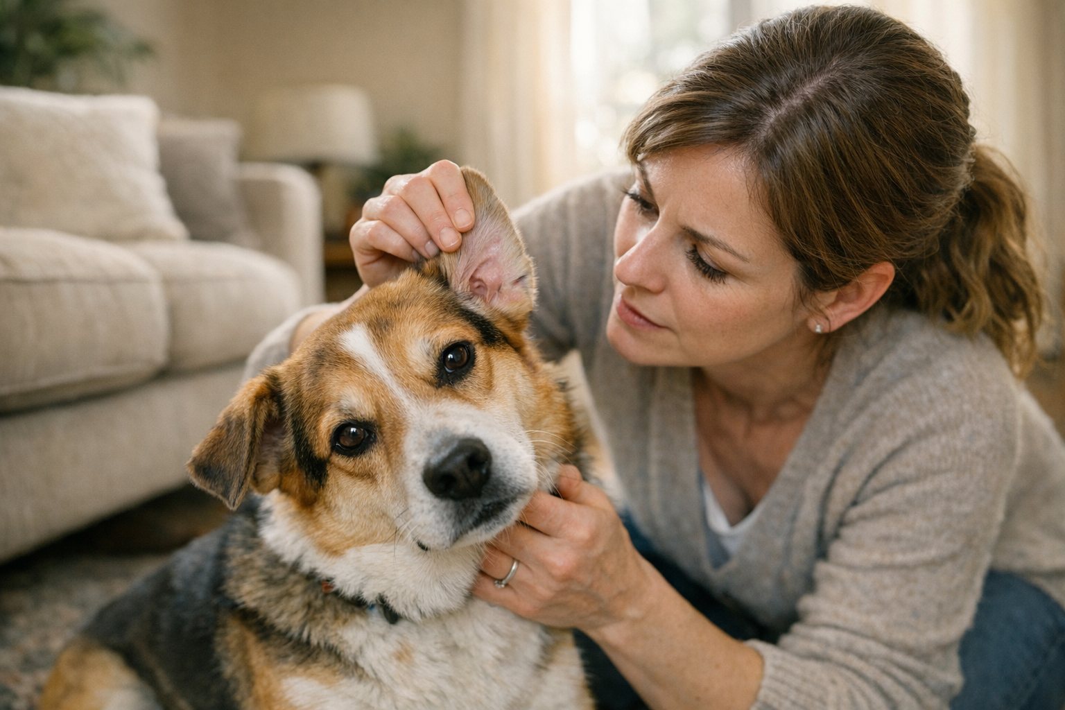 Owner gently lifting a dog's ear to check for dark debris while the dog tilts its head in a bright living room