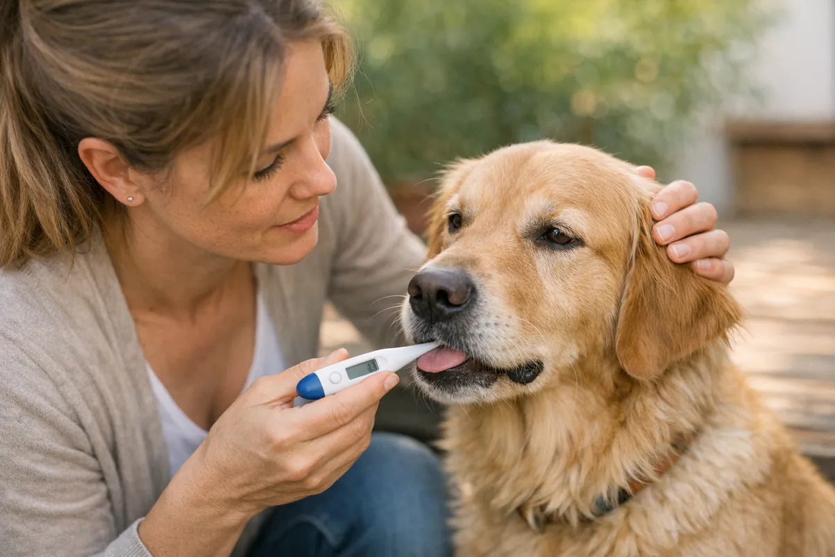Owner checking a dog's temperature with a digital thermometer at home
