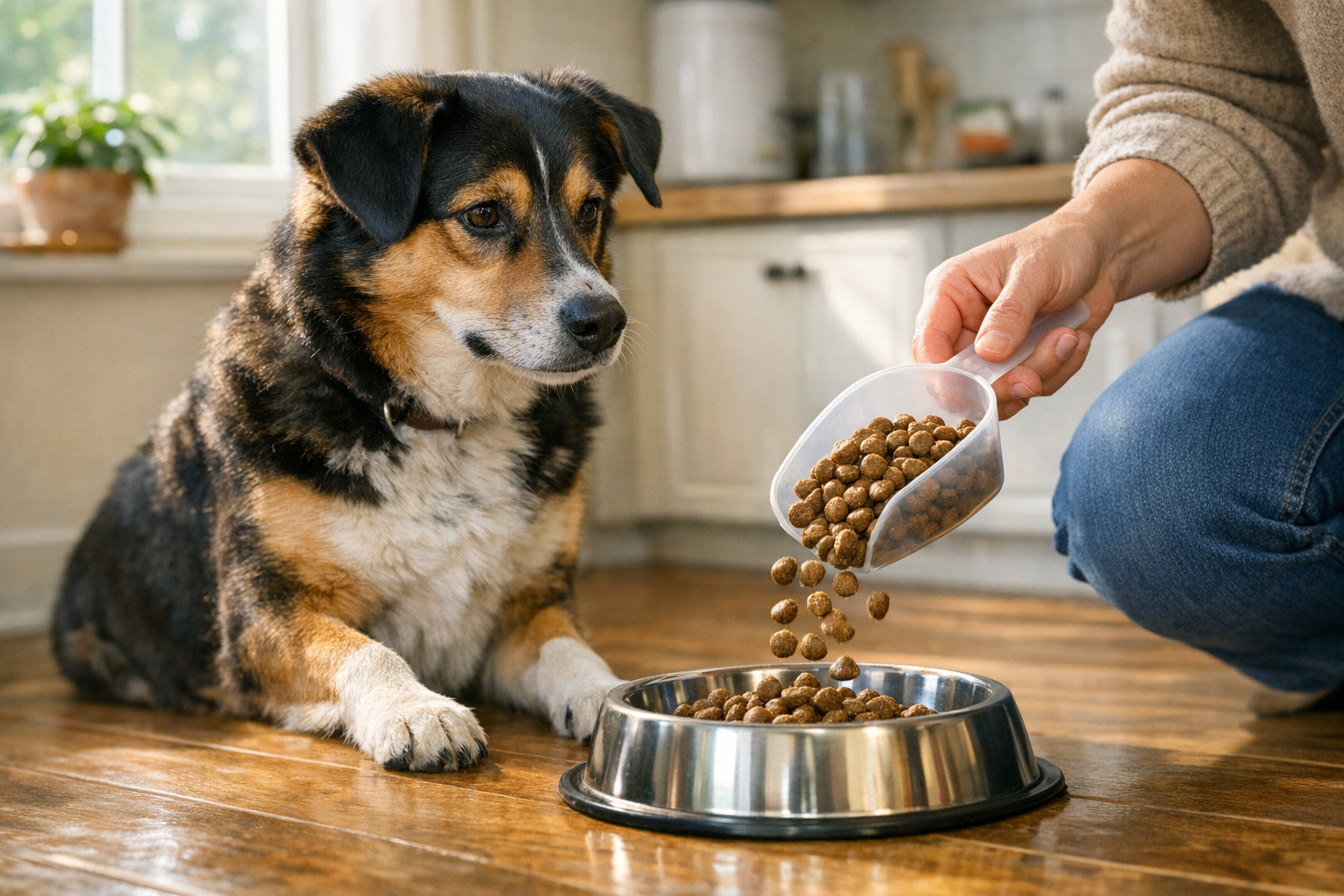 Adult dog sitting by a stainless steel bowl of kibble in a bright home kitchen while the owner measures food