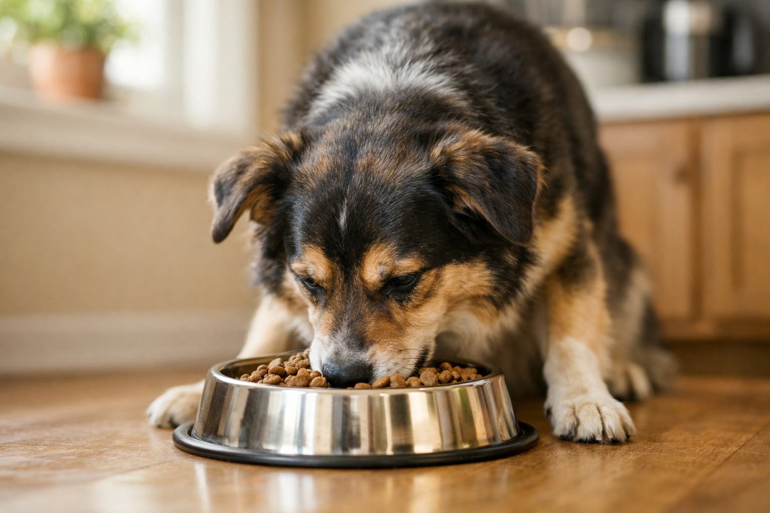 Golden retriever eating kibble from a stainless steel bowl in a bright home kitchen