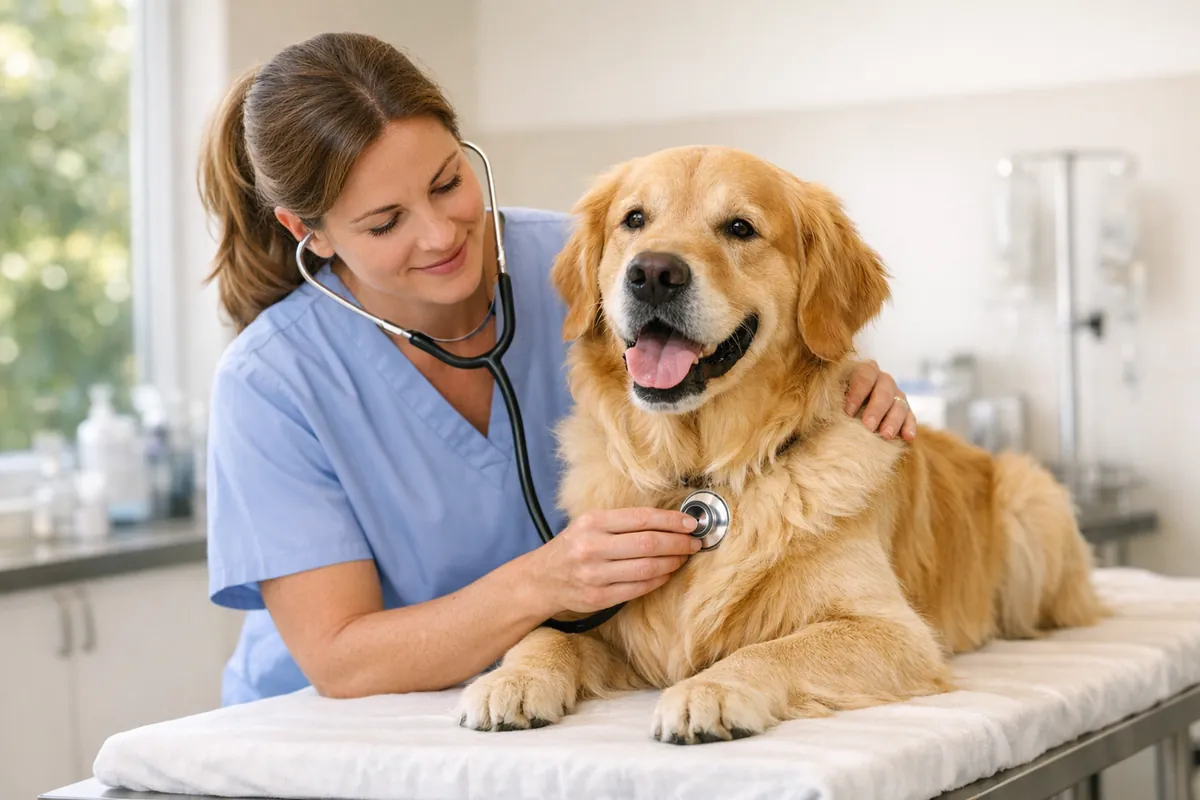 A veterinarian examining a golden retriever on an examination table in a bright, clean veterinary clinic