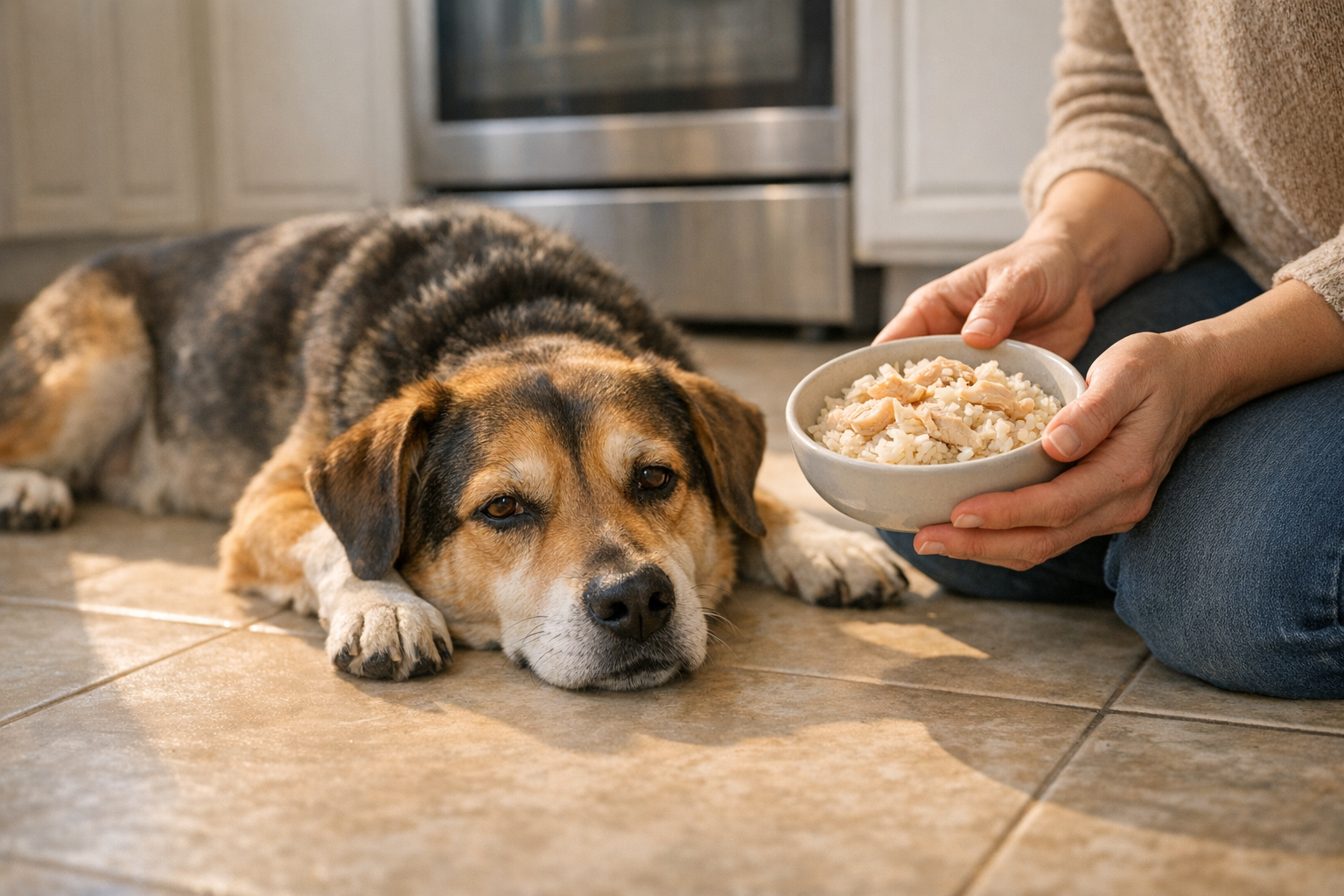 A concerned dog owner offering a small bowl of bland food to a tired dog resting on a kitchen floor