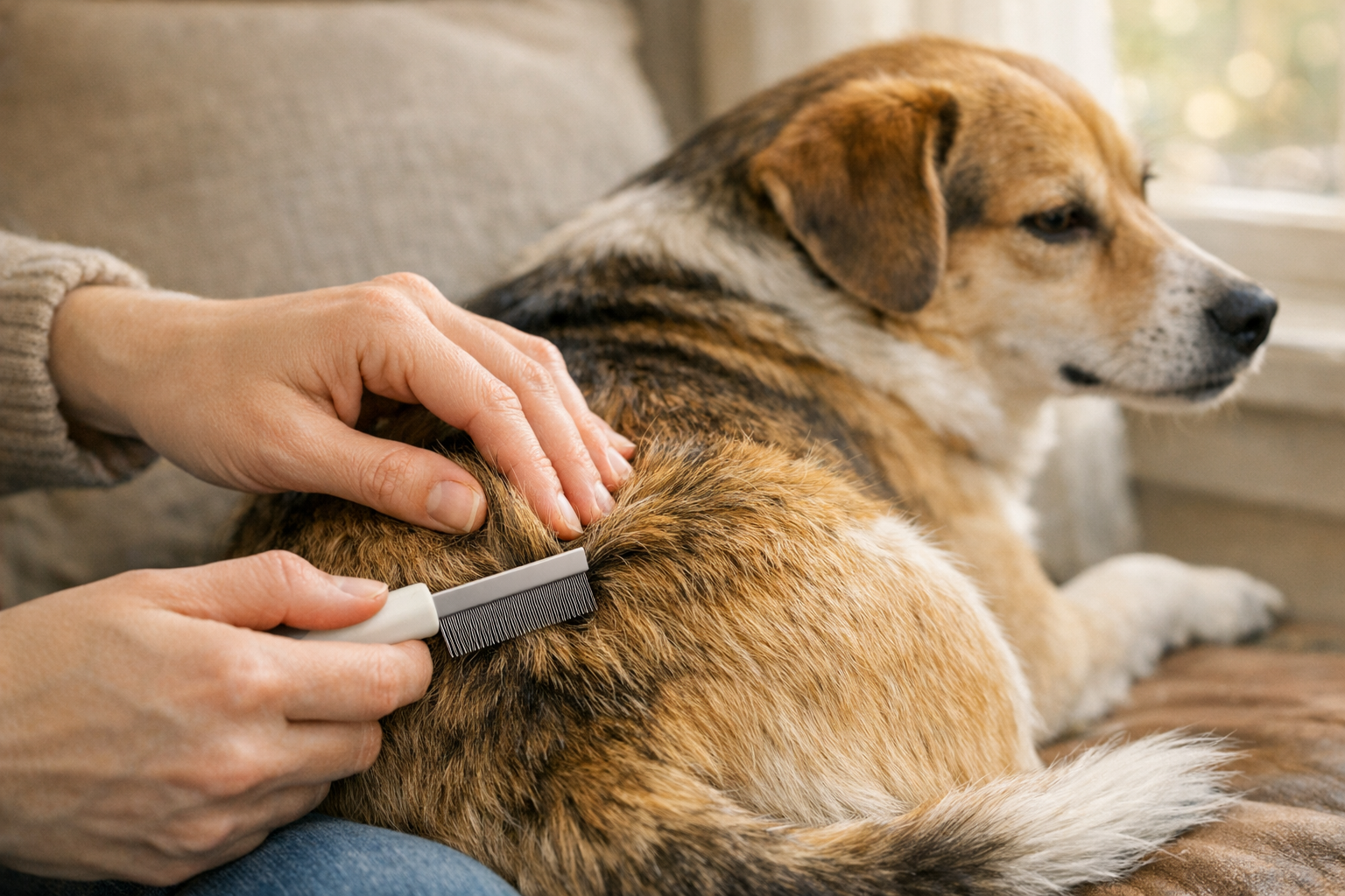 Close-up of a dog being checked with a flea comb near the base of the tail in natural window light