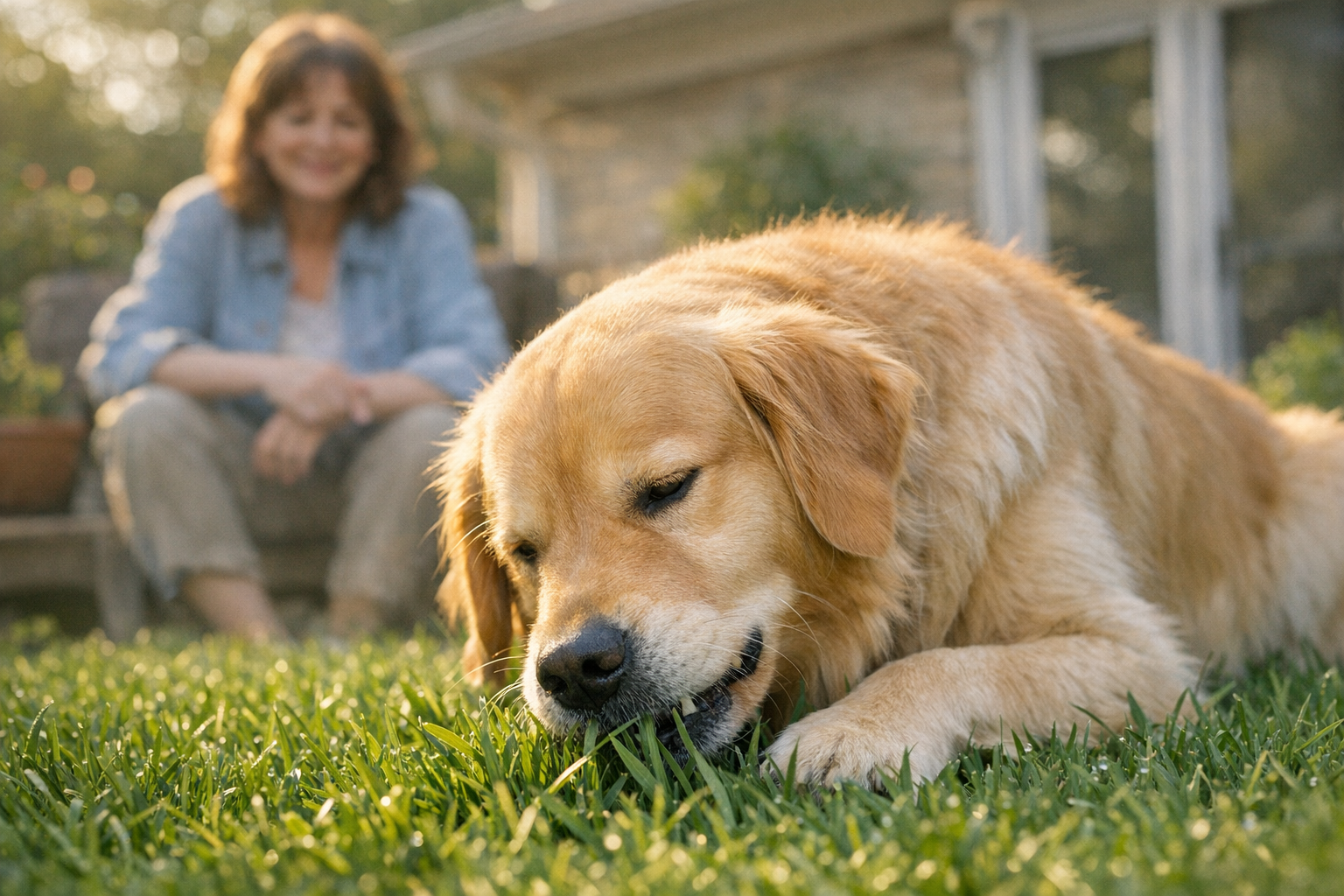 Golden retriever sniffing and nibbling grass in a sunny backyard while owner watches nearby