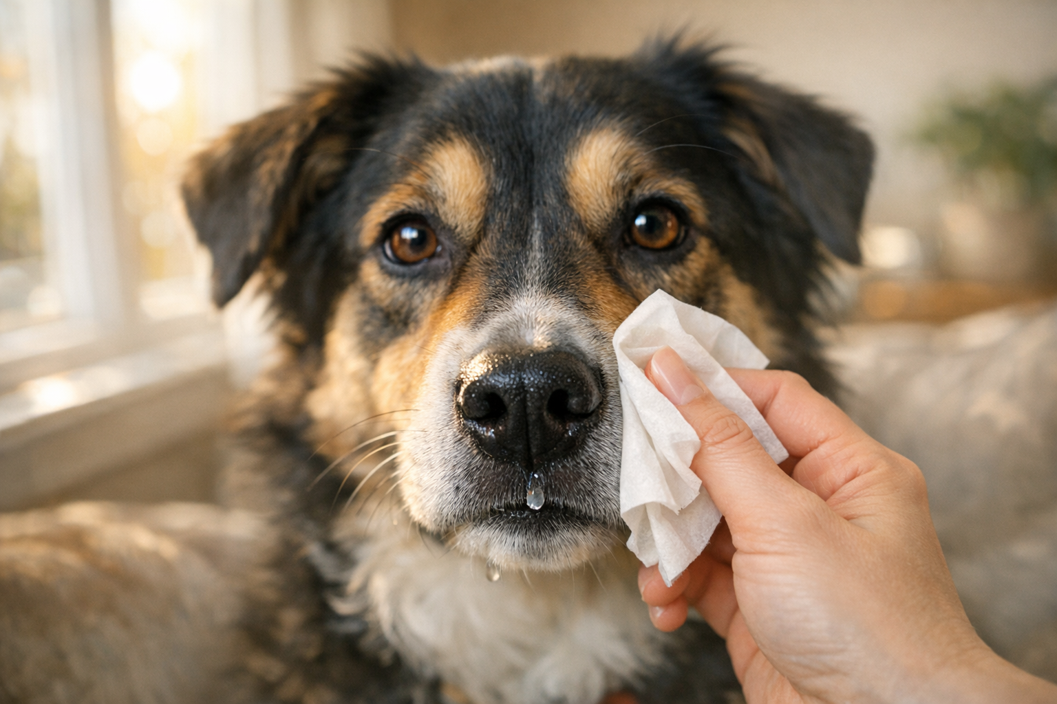 Close-up of a calm dog indoors with a small amount of clear nasal discharge while an owner gently checks its nose