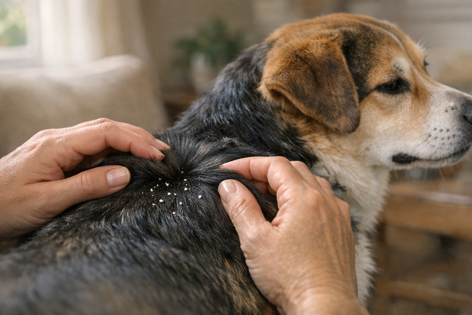Close-up of a dog with visible white flakes in its coat while being gently brushed indoors