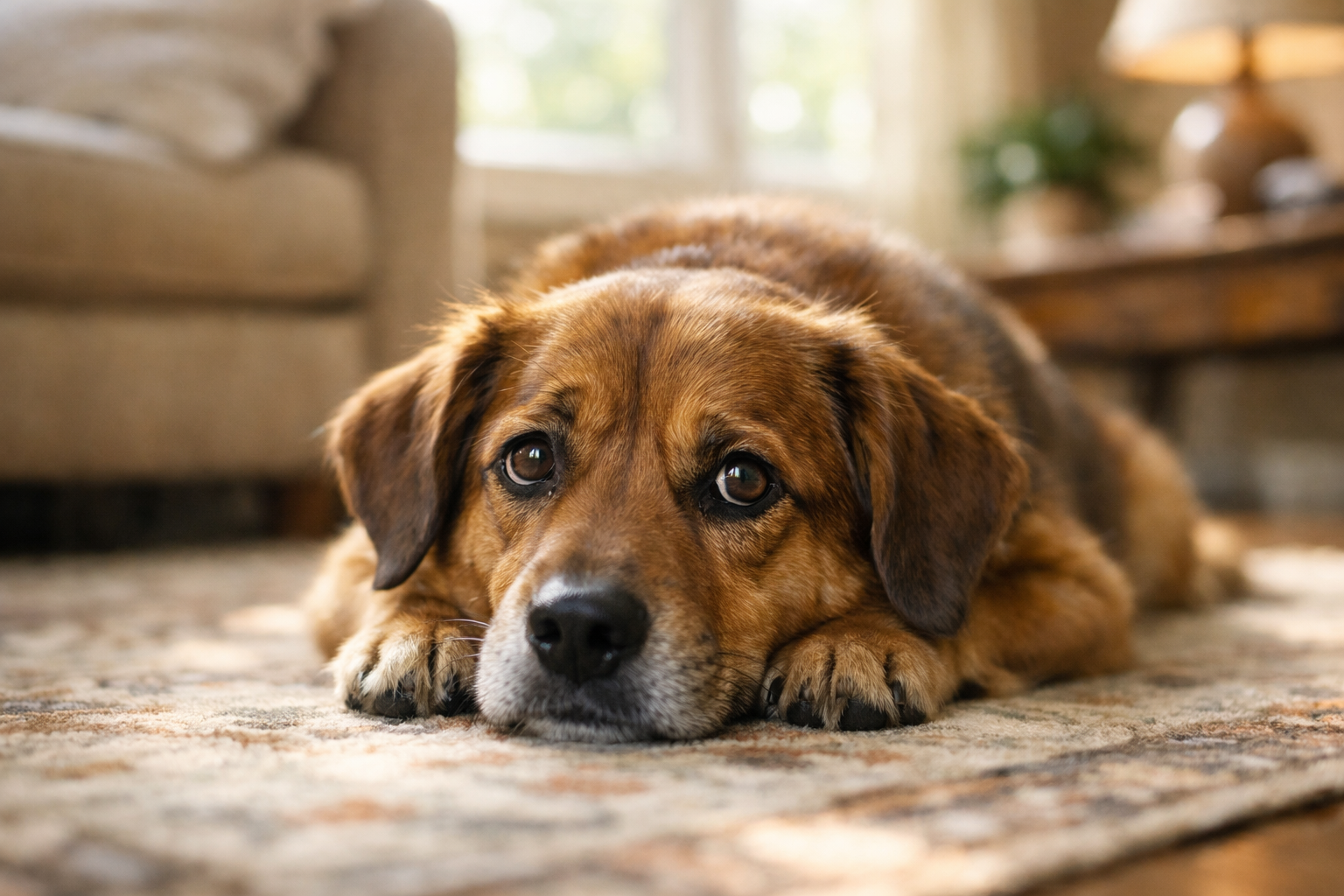 A quiet brown dog with droopy eyes resting on a living room rug while looking up at its owner