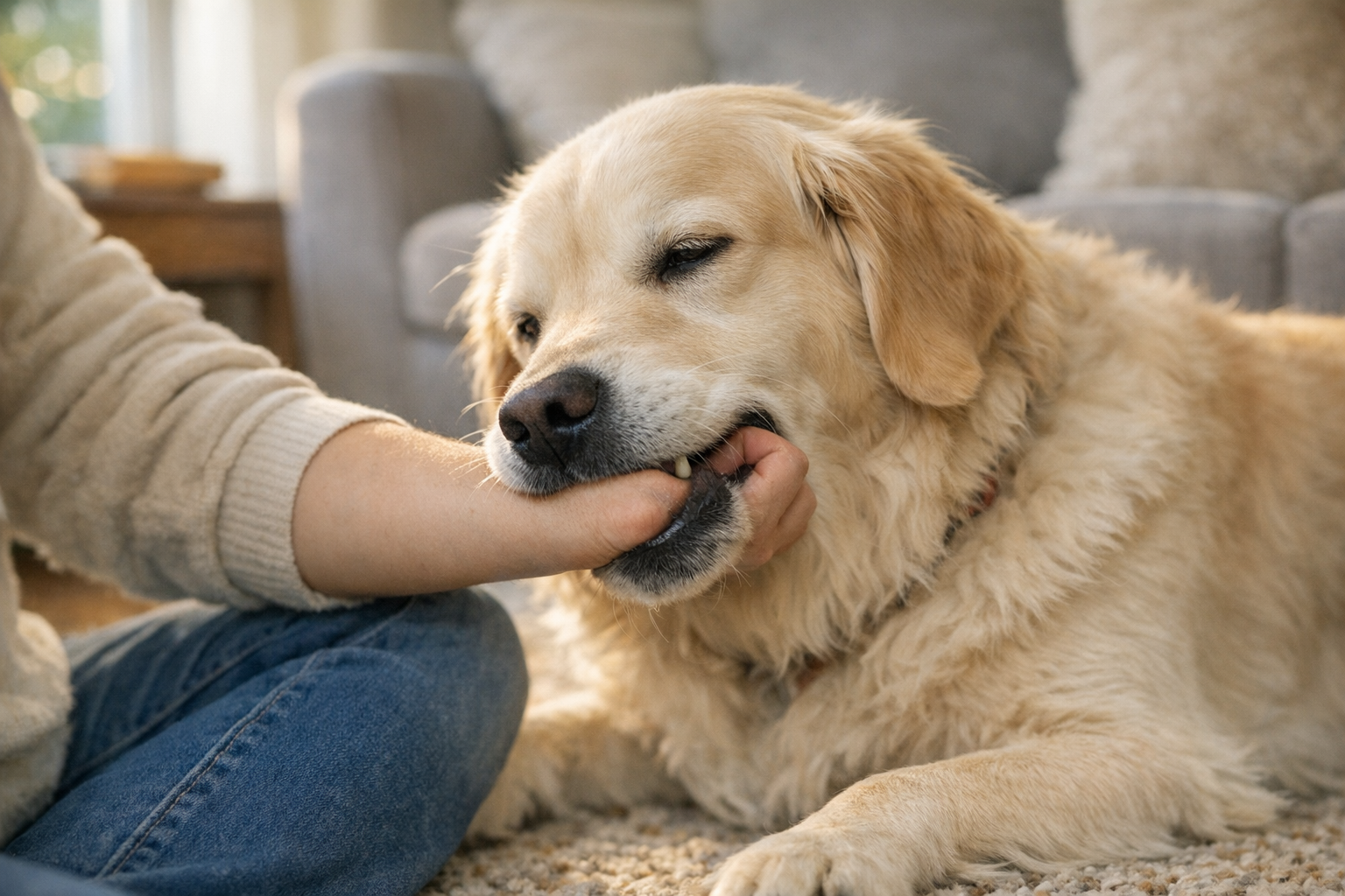 A dog gently nibbling its owner's forearm while they sit together on a living room rug in soft natural light