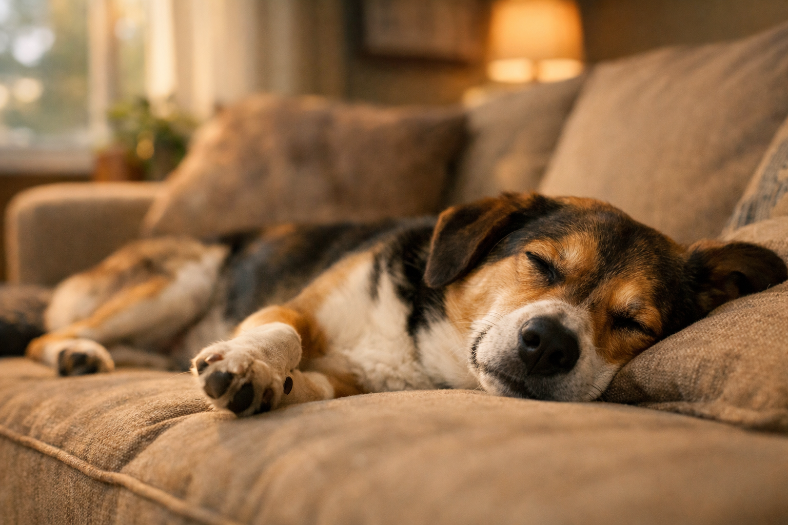 Dog lying asleep on a couch with paws twitching slightly in soft evening light