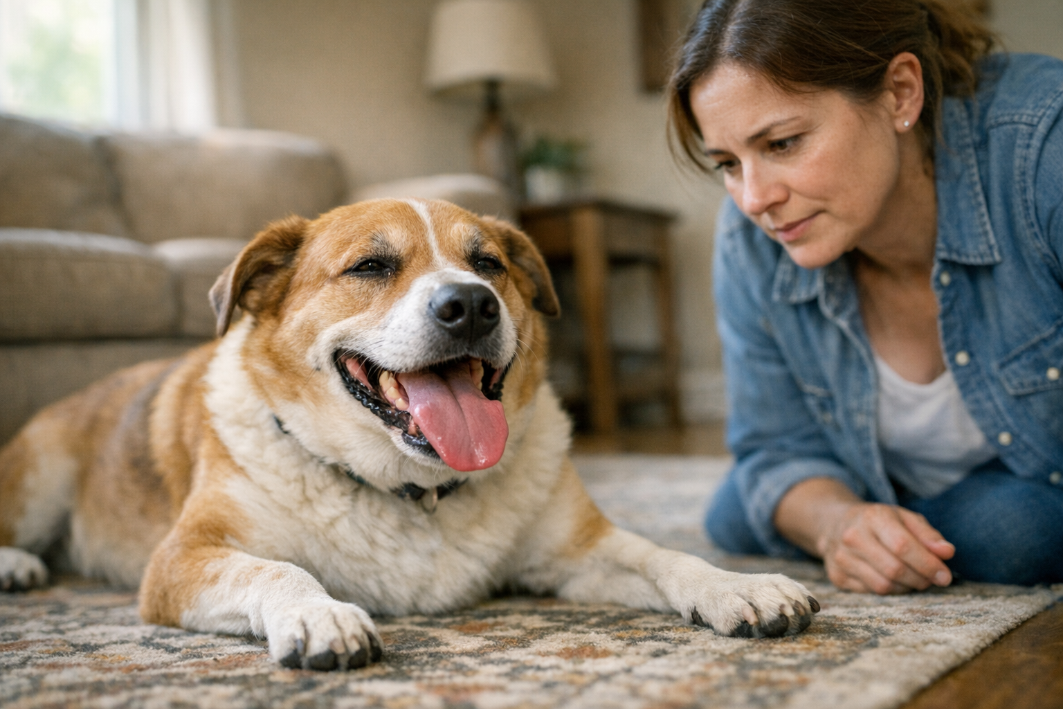 Concerned dog owner watching a relaxed dog lying on a living room rug and breathing heavily