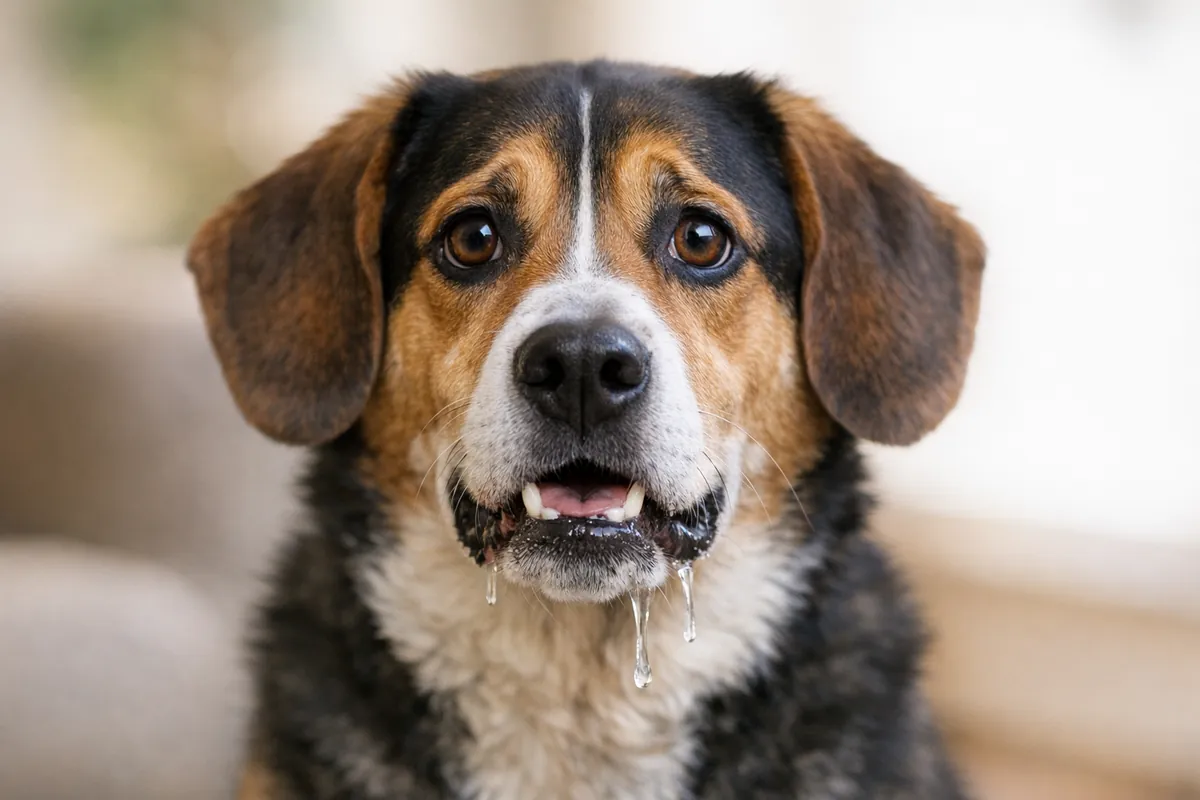 A dog with a worried expression, mouth slightly open showing signs of drooling, photographed from the front
