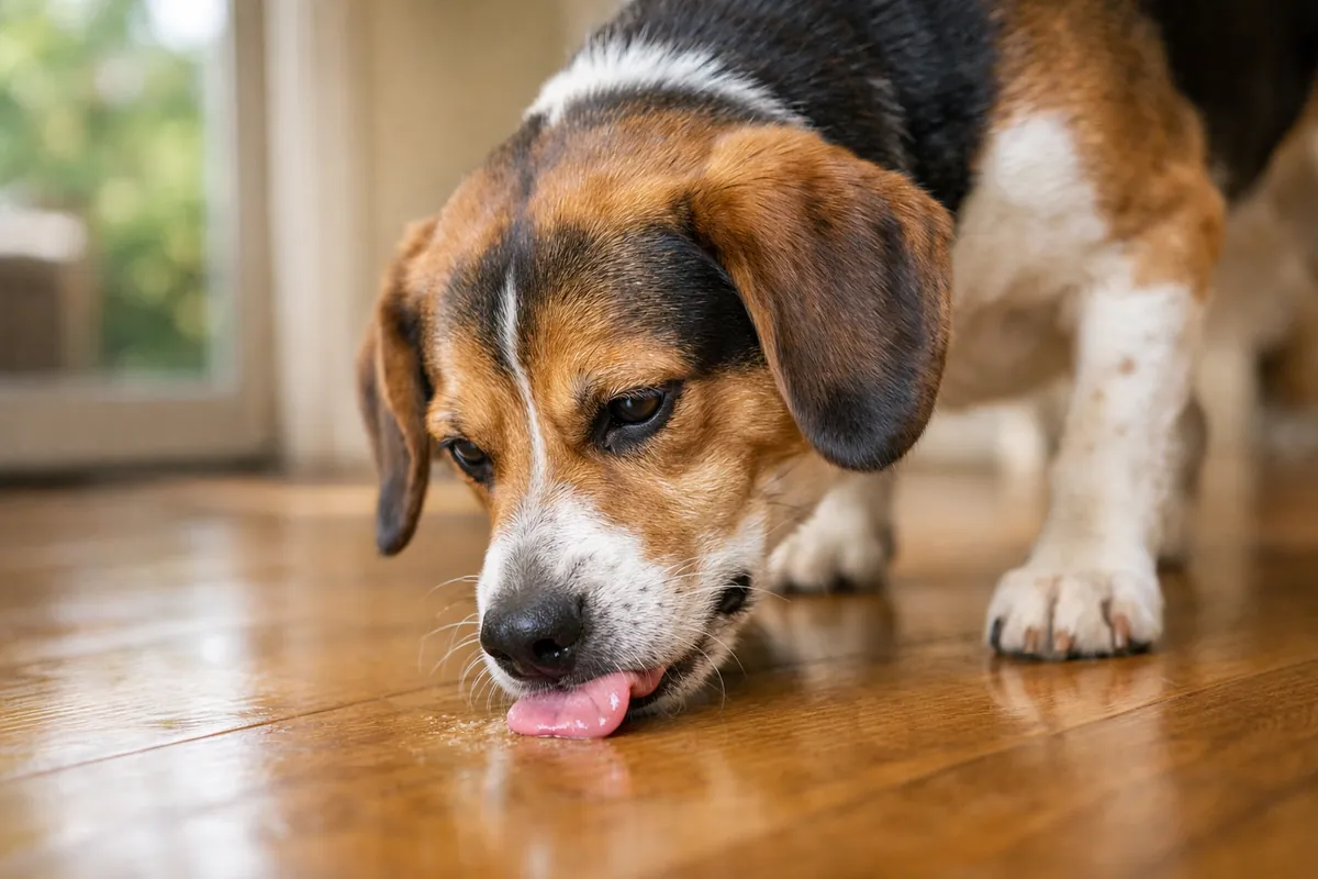 A dog licking a hardwood floor indoors