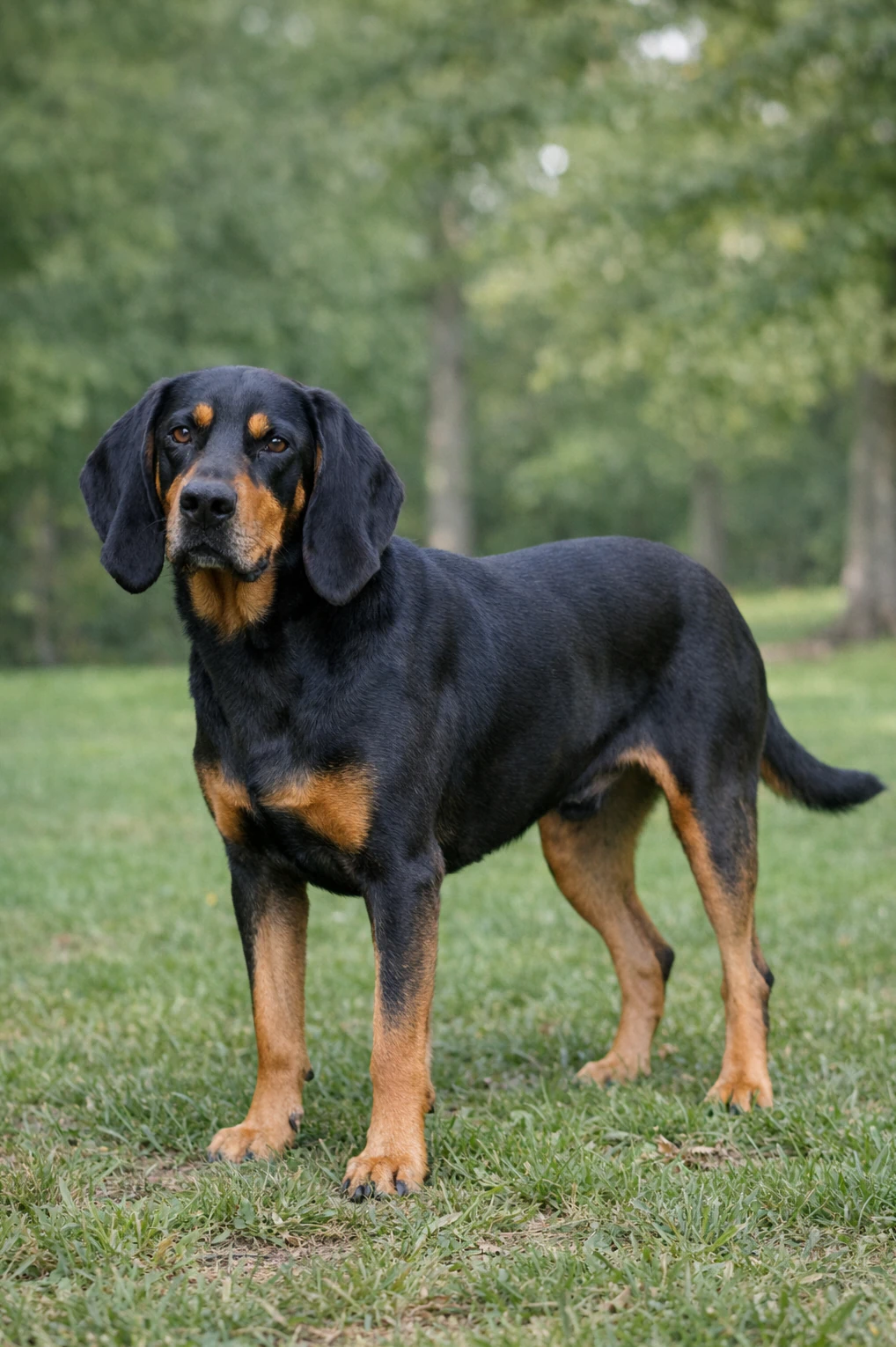 Black and Tan Coonhound in a park