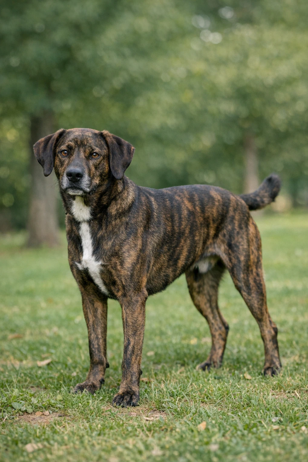 Treeing Tennessee Brindle in a park